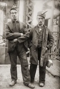 Mining Prints: Two miners leaving entrance of coal mine near Scranton, Pennsylvania April 1912