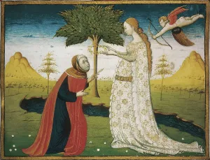 Petrarch 1304 1374 Prints: Miniature of Petrarca's songbook depicting Laura de Noves crowning the poet (15th c)