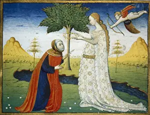 Petrarch 1304 1374 Prints: Miniature of Petrarca's songbook depicting Laura de Noves crowning the poet (15th c)