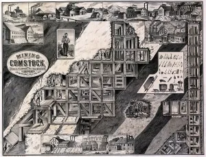 Mining Prints: Mining on the Comstock, cutaway of hillside showing tunnels