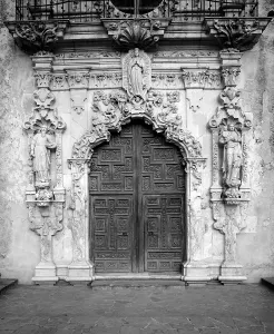 Mission Prints: Mission San Jose y San Miguel de Aguayo, detail of the front door. San Antonio, Texas