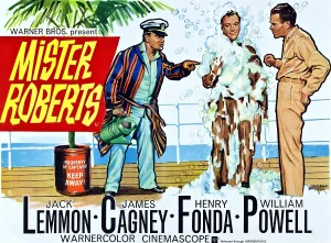Bathrobe Prints: MISTER ROBERTS, l-r: James Cagney, Jack Lemmon, Henry Fonda on UK poster art, 1955