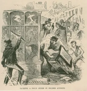 Disorder Prints: Mob looting of a drug store on Second Avenue during Draft Riots in New York City of July 13-16