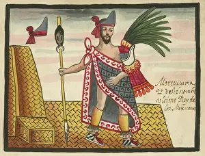 1510s Prints: Moctezuma II, holds a scepter while standing on a reed mat and next to a basket-work throne