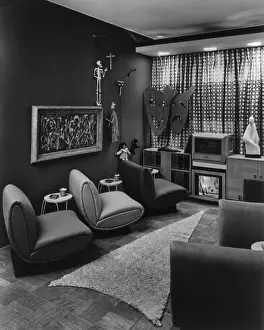 Electronic Prints: Modern designer television room displayed in a New York City department store in 1949