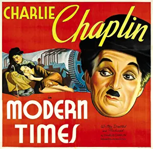 1936 Movies Prints: MODERN TIMES, from left: Charlie Chaplin, Paulette Goddard, Charlie Chaplin, 1936