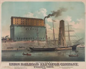 Carts Prints: Many modes of transport meet at the Toledo, Ohio grain elevators in 1882