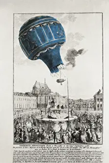 Globe Prints: Montgolfier brothers. Trying a balloon boarded by a duck