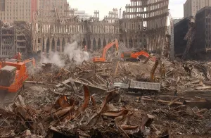 Rubble Prints: A month after the terrorist attacks heavy equipment continues debris removal at the World Trade Center site