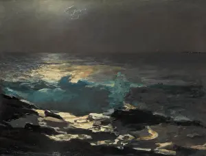 MOONLIGHT, WOULD ISLAND LIGHT, by Winslow Homer, 1894, American painting, oil on canvas. This work was painted by Homer on one summer evening in four or five hours work