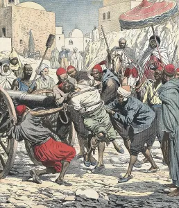 Violent Prints: Morocco. An Algerian is tied to a cannon's mouth before making a shot