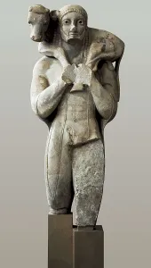 The Moschophoros. 570 BC. Calf-Bearer. Archaic Greek art. Sculpture on marble. GREECE. Athens. Acropolis. Acropolis Museum. Proc: GREECE. Athens. Acropolis