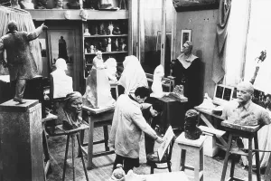 Vladimir Prints: Moscow studio of monument sculptor, Lev Efimovich Kerbel, with his son. Jan. 12, 1962