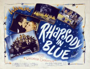 Motion picture poster for RHAPSODY IN BLUE shows Robert Alda, Joan Leslie, Paul Whiteman and his orchestra and others in scenes from the film