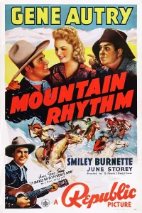 MOUNTAIN RHYTHM, top l-r: Gene Autry, June Storey, Smiley Burnette, bottom: Gene Autry on poster art, 1939