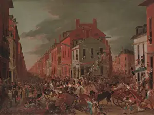 Specific Place Prints: MOVING DAY IN OLD NEW YORK, by Unknown Artist, 1827, American painting, oil on wood panel