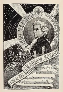 MOZART, Wolfgang Amadeus (1756-1791). Portrait of Mozart included in the "Encyclopedic Dictionary of the Masonry". Engraving. SPAIN. Madrid. Loyola Center