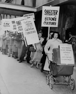 Pickets Prints: Mrs. Ellan Levitt leading women pickets protesting proposed destruction of her Lincoln Square neighborhood in New York