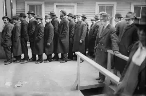 Lines Prints: Multi-ethnic group of men waiting to apply for subway work in New York City, ca. 1910