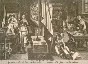 Patients Prints: A multi-scene engraving shows the treatment of a European syphilis patient