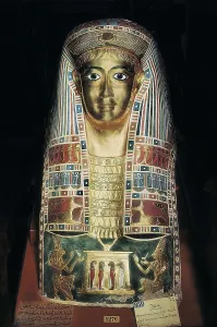 Meir Prints: Mummy Mask. 1st half 1st c. Representations of funerary genious are inlaid in the pectoral