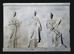 Three Muses Relief. 330 -320 BC. Pedestal from the ancient city of Mantinea. Hellenistic art. Relief on marble. GREECE. Athens. National Museum of Archaeology