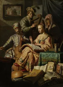 Harp Prints: Musical Company, by Rembrandt van Rijn, 1626, Dutch painting, oil on panel
