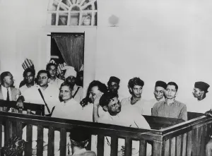 Assassination Prints: Nathuram Vinayak Godse (left) on trial with others for the assassination of Mahatma Gandhi on Jan