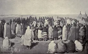 Prayer Prints: Native American Ghost Dancers in a large circle, holding hands, c. 1890