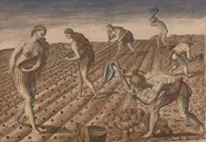16th Century Prints: Native American (Timucuan) men till the earth and women plant seeds in this 1591 engraving published by Theodore de Bry