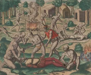 16th Century Prints: Native Americans along the coast of Panama pour molten gold into the throat of a tied-up Spaniard