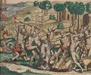 Columbus Prints: Native Americans near Cumana (Venezuela) massacre monks and Spanish traders, ca. 1494-1498