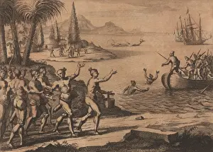 1700s Prints: Native Americans swim out to a small boat of arriving Europeans in an engraving of 1706