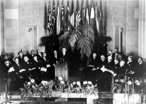 Of State Prints: N.A.T.O.-4/4/49 WASHINGTON-- Secretary of State Dean Acheson makes welcoming address at North Atlantic treaty Signing