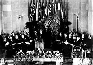 Flags Prints: NATO, Secretary of the State Dean Acheson addressing the North Atlantic Treaty signing ceremony in Washington D