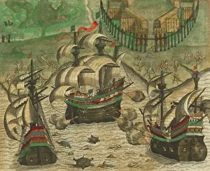 Coast Prints: Naval warfare between two Portuguese and French ships at Pernambuco, in present-day Brazil