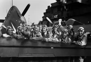 Cheering Prints: Navy pilots celebrate on the USS LEXINGTON