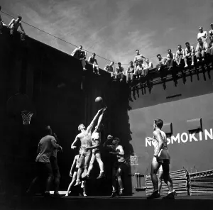 Basketball Prints: Navy pilots playing basketball in elevator well of USS MONTEREY during World War 2