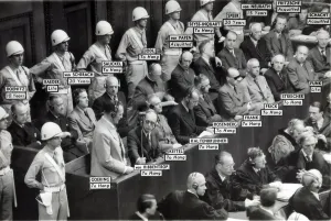 Nuremberg Prints: Nazi World War II leaders in the prisoners box at the war crimes trial at Nuremberg