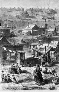 Depression Prints: Near New York City's Central Park a large squatters settlement with wood homes