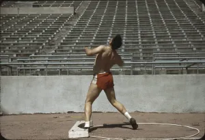 Shorts Prints: Nebraska, shot putter at the University of Nebraska, photograph by John Vachon, 1942