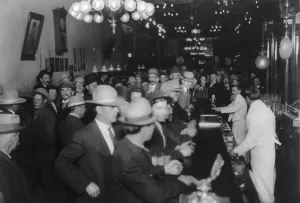 Nevada Prints: Nevada, open gambling in Reno, looking down crowded bar