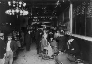 Nevada Prints: Nevada, open gambling in Reno, men beneath large blackboard with race results