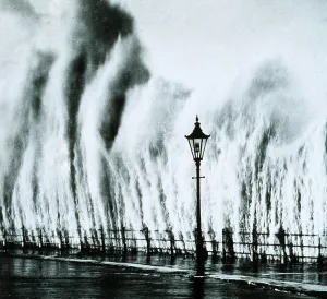 Rhode Island Prints: New England Hurricane. Waves striking a seawall on th New England coast give the appearance of geysers erupting