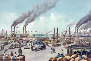 Louisiana Prints: New Orleans- the levee. Riverboats unload cotton and other goods on the levve in New Orleans