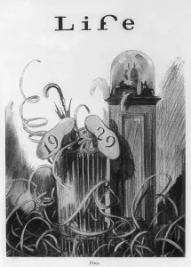 Wall Street Prints: New Years cartoon related to the 1929 stock market crash showing shoes marked 1929 protruding from waste basket beside