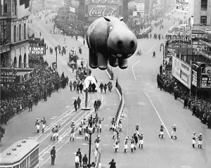 Times Square Prints: New York City, 1940. A hippo balloon floats over Times Square during the Macy's Thanksgiving Day Parade