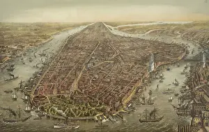 Port Prints: New York City with Battery Park in the foreground and the Brooklyn Bridge at far center right