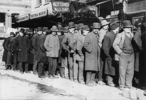 The Bowery Prints: New York City, the Bowery, men waiting for bread in bread line