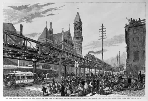 Trolley Prints: New York City. the first train on the Gilbert Elevated Railroad passing through Sixth Avenue